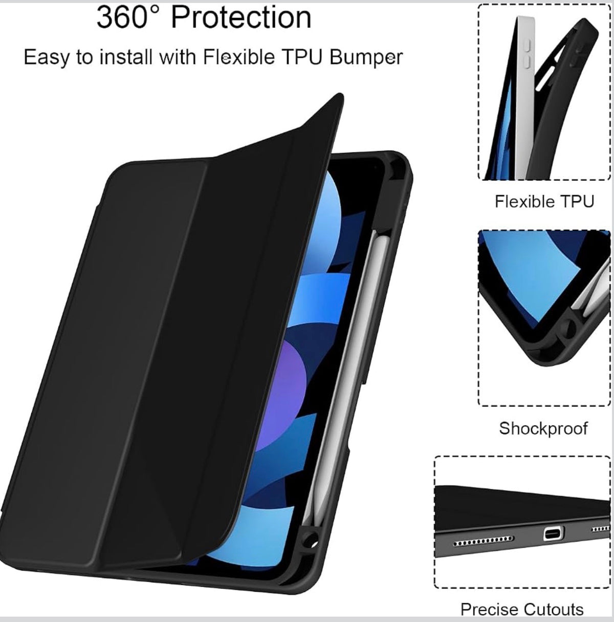 Case for iPad Air 11-inch M4/M3/M2 (8th/7th/6th), Air 5th/4th Generation
Trifold Stand, Auto Sleep/Wake, Lightweight Soft TPU Shell, Smart Cover for Air 11"/10.9" with Pencil Holder, Black