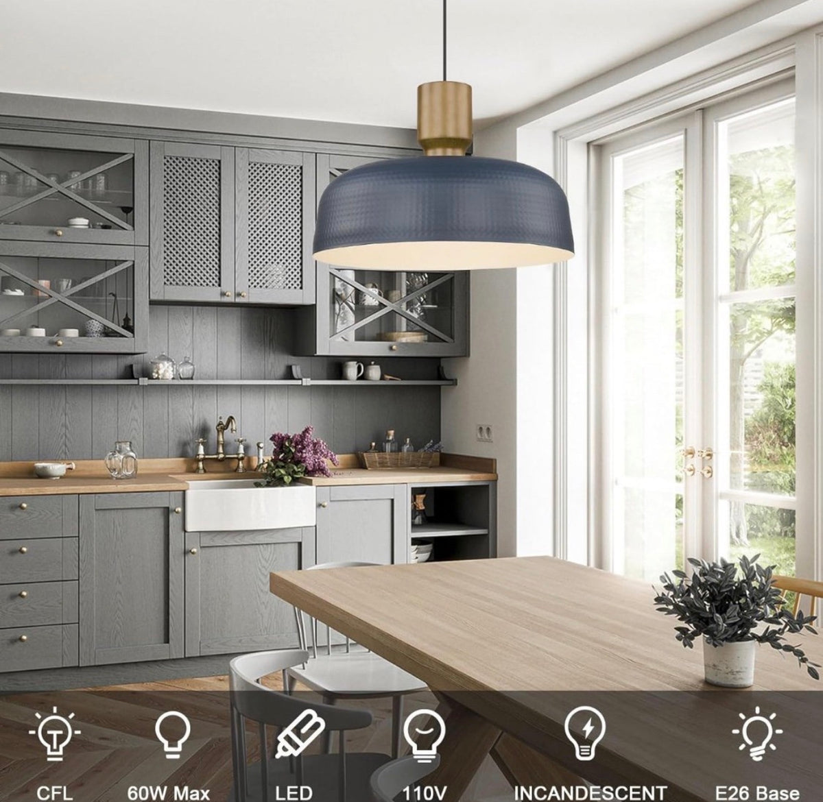 Darkaway Large Industrial Pendant Light Fixtures with Hammered Metal Shade, 2 Pack Blue 18.1 inch Oversized Pendant Lighting for Kitchen Island Hanging Lamp Adjustable Height