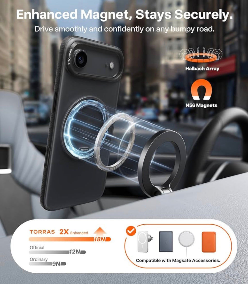 TORRAS 360 Magnetic Stand for iPhone Air Case, O3 Fitness Series [Fit for MagSafe] [Military-Grade Protection] Translucent Slim Case for iPhone 17 Air, 2025, Obsidian Black