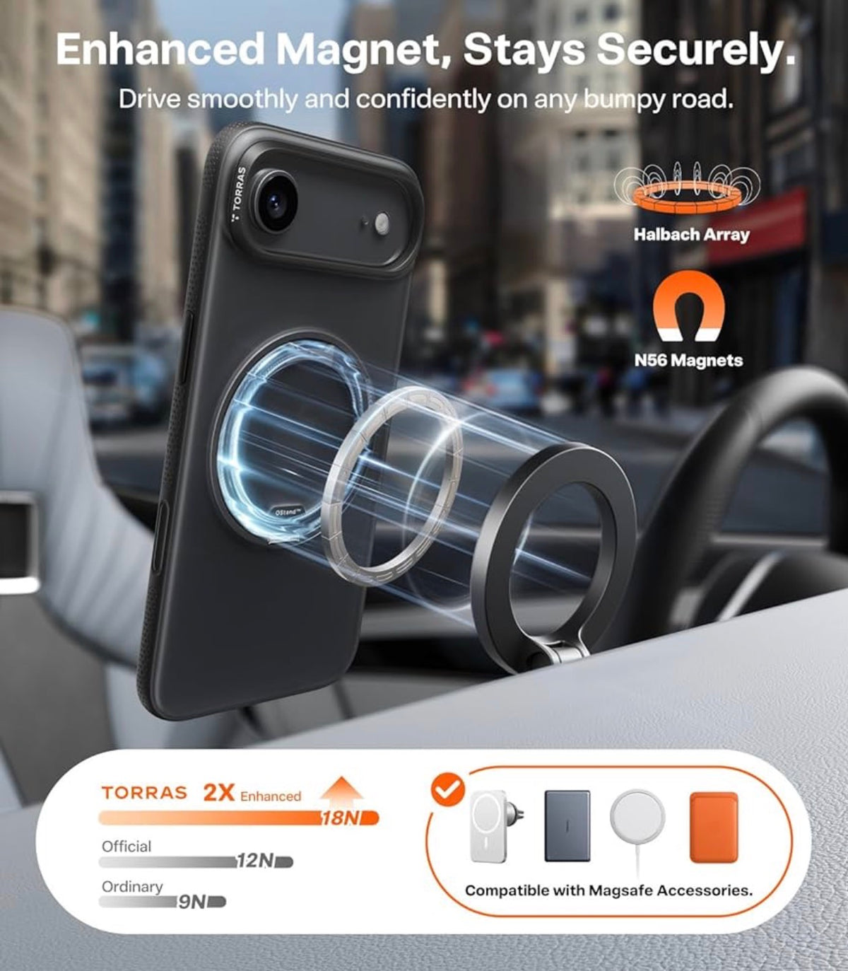 TORRAS 360 Magnetic Stand for iPhone Air Case, O3 Fitness Series [Fit for MagSafe] [Military-Grade Protection] Translucent Slim Case for iPhone 17 Air, 2025, Obsidian Black