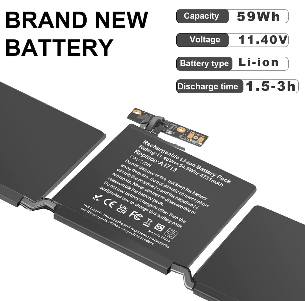 Replacement Battery A1713 A2171 for MacBook Pro 13 Inch A2159 (2019) A2289 (2020) A2338 (2020), A1708 Late 2016 Mid 2017 (EMC 2978 3164), MPXQ2LL/A MLL42LL/A MLUQ2LL/A MPXR2LL/A MPXU2LL/A MPXT2LL/A