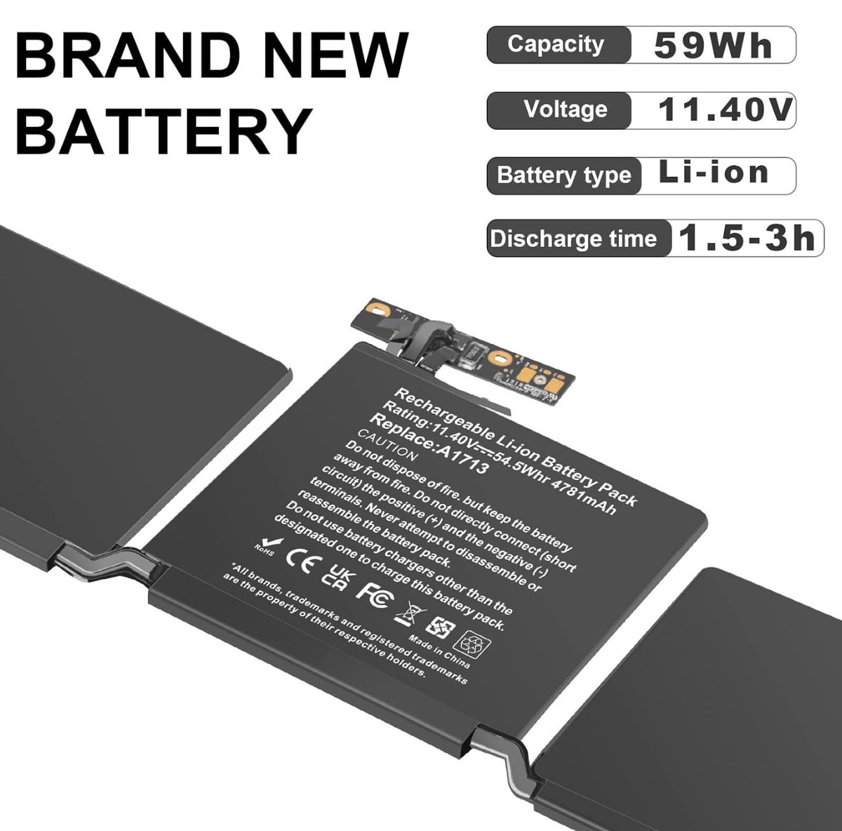 Replacement Battery A1713 A2171 for MacBook Pro 13 Inch A2159 (2019) A2289 (2020) A2338 (2020), A1708 Late 2016 Mid 2017 (EMC 2978 3164), MPXQ2LL/A MLL42LL/A MLUQ2LL/A MPXR2LL/A MPXU2LL/A MPXT2LL/A