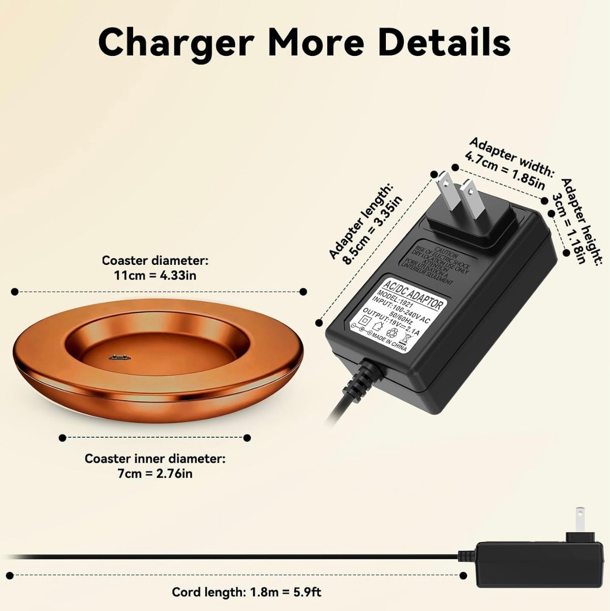 Charging Coaster 2 Compatible with Temperature Control Smart Mug 2,Mug1,Cisain Mug Power Cord for Em/BER Smart Temperature Control Mugs (Copper)