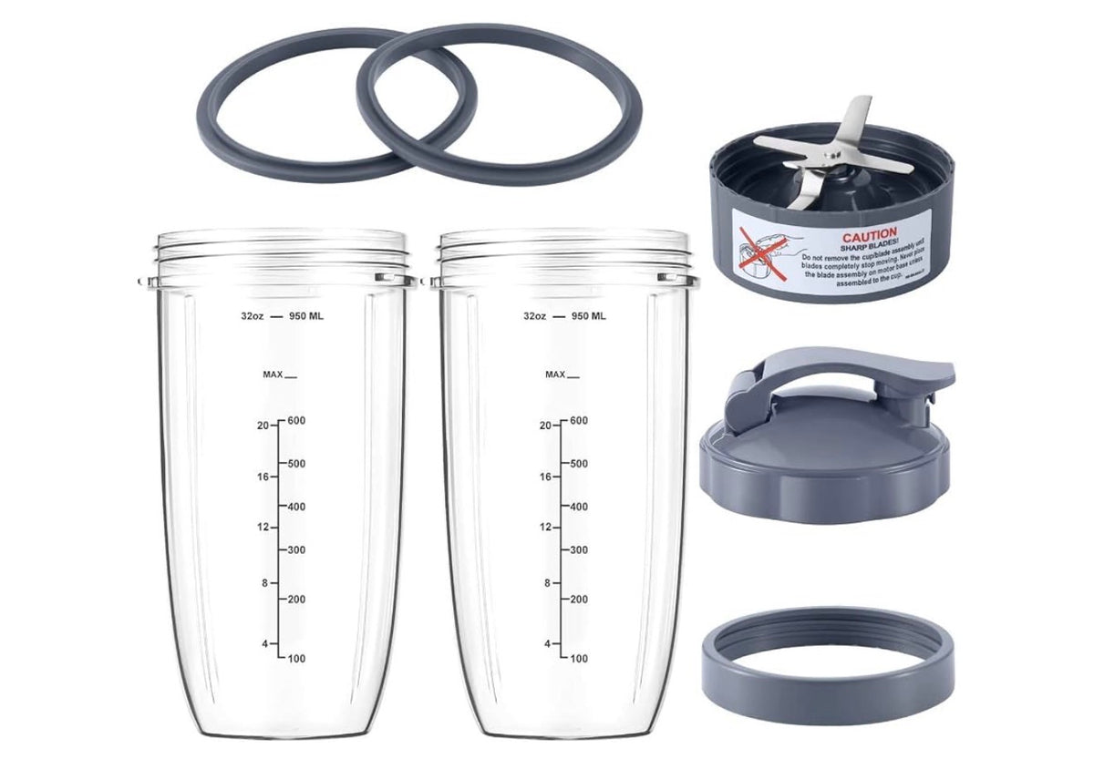 7 Pieces nutribullet Blender Cups & Blade Replacement Set 32oz Huge Cup with 1 Flip-Top To-Go Lid and 1 Lid Ring & Premium Extractor Blade with Compatible with NutriBullet 600w/900w Blender