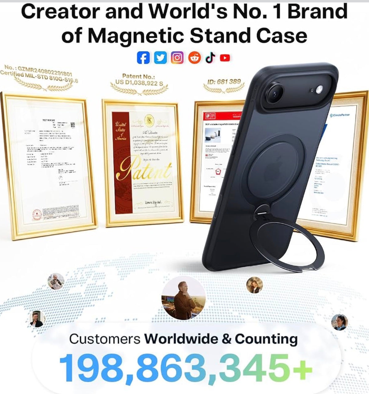 TORRAS Q3 Spin for iPhone Air Case, 360 Magnetic Stand, Black, Compatible with MagSafe, Built-in Kickstand, Camera Control, 4X Military-Grade Shockproof Translucent Phone Case for 17 Air