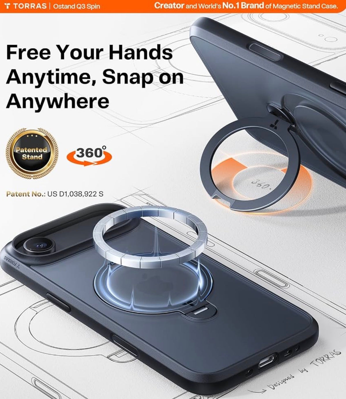 TORRAS Q3 Spin for iPhone Air Case, 360 Magnetic Stand, Black, Compatible with MagSafe, Built-in Kickstand, Camera Control, 4X Military-Grade Shockproof Translucent Phone Case for 17 Air