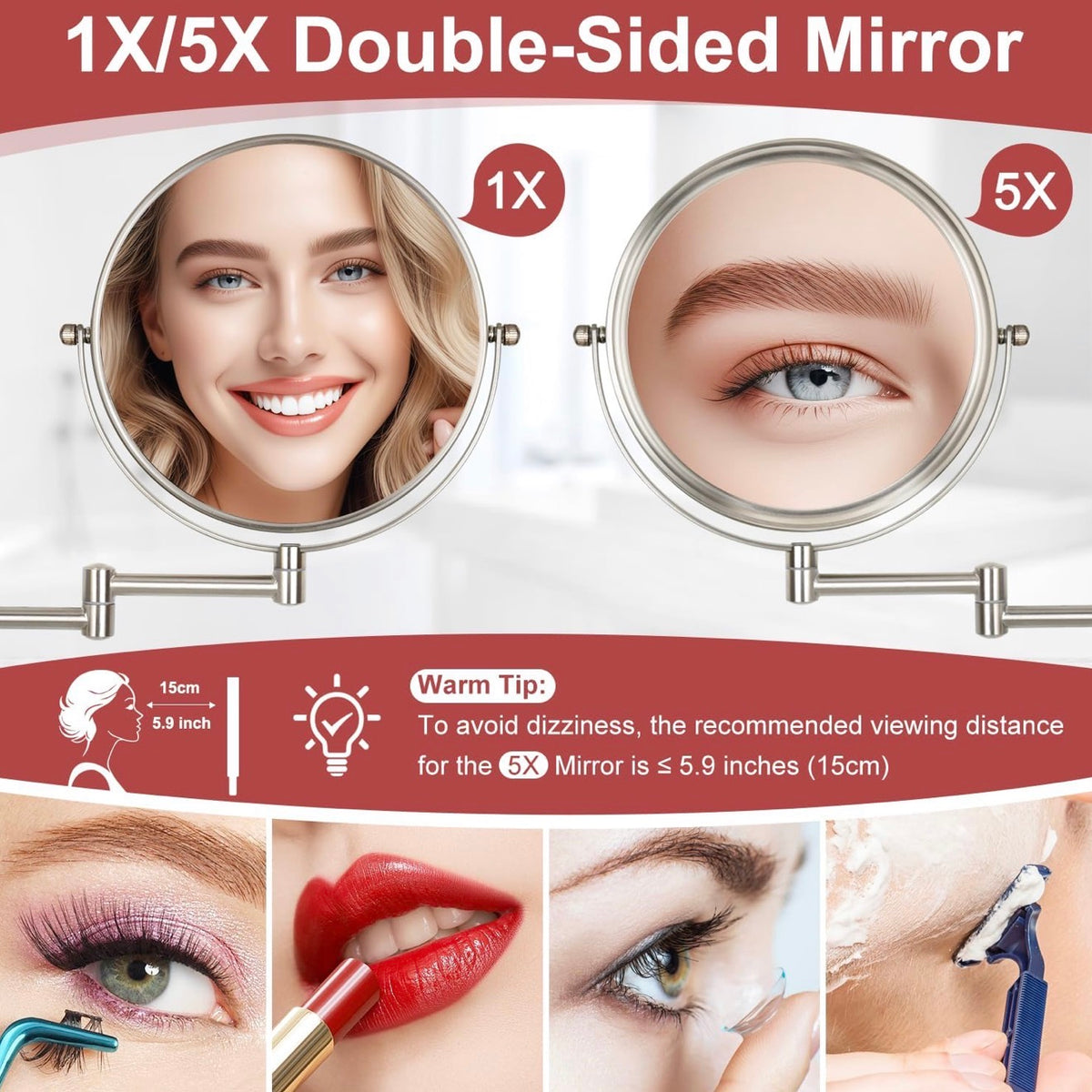 Wall Mounted Makeup Mirror, 1X/5X Magnifying Mirror Double Sided, 8 Inch Extendable Bathroom Mirror for Shaving, Nickel