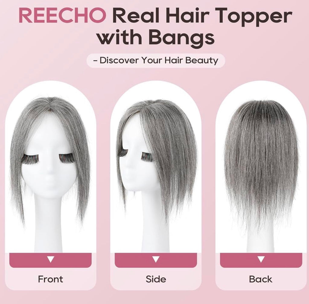 Human Hair Topper for Women Real Human Thick Hair Topper Invisible Wiglett for Daily Wear Adding Instant Volume, Gray