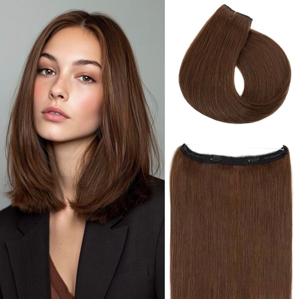 Short Wire Hair Extensions Real Human Hair Remy Hairs Wire Extension for Women Invisible Wire One Piece Clip in Hairpiece for Short Hairs 14 Inch #4R Medium Brown