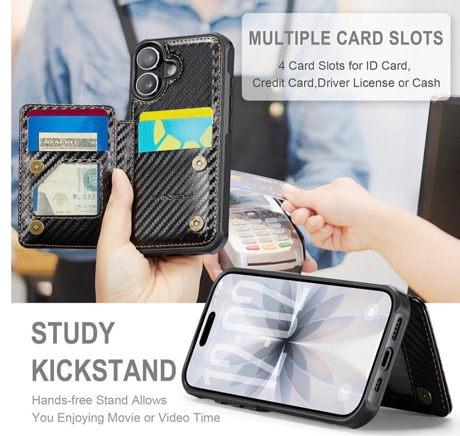 Vinich for iPhone 17 Wallet Case with Card Holder, Carbon Black, RFID Blocking Credit Slots, Kickstand, Shockproof Flip Phone Cover, PU Leather, Double Magnetic Clasp
