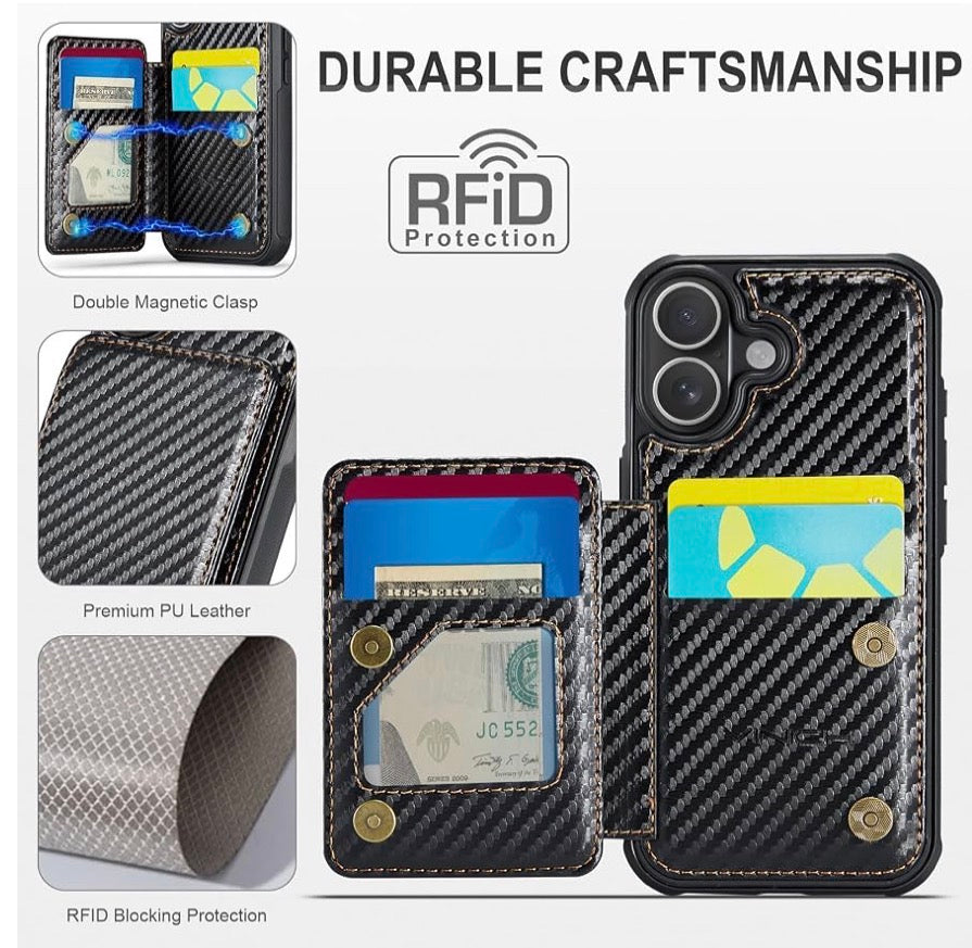 Vinich for iPhone 17 Wallet Case with Card Holder, Carbon Black, RFID Blocking Credit Slots, Kickstand, Shockproof Flip Phone Cover, PU Leather, Double Magnetic Clasp