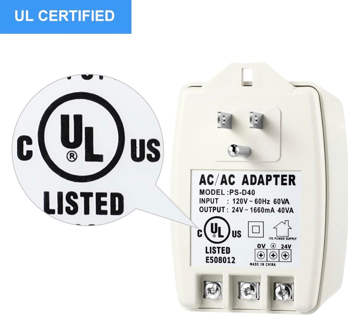 2 Pack - 24V 40VA Plug in Transformer, UL Listed (Without Screw Holes)
Compatible with Ring, Nest, Sensi Doorbell & Thermostats, PTC Fuse Protection, LED Power Indicator