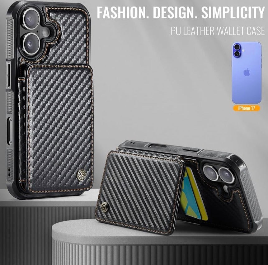 Vinich for iPhone 17 Wallet Case with Card Holder, Carbon Black, RFID Blocking Credit Slots, Kickstand, Shockproof Flip Phone Cover, PU Leather, Double Magnetic Clasp