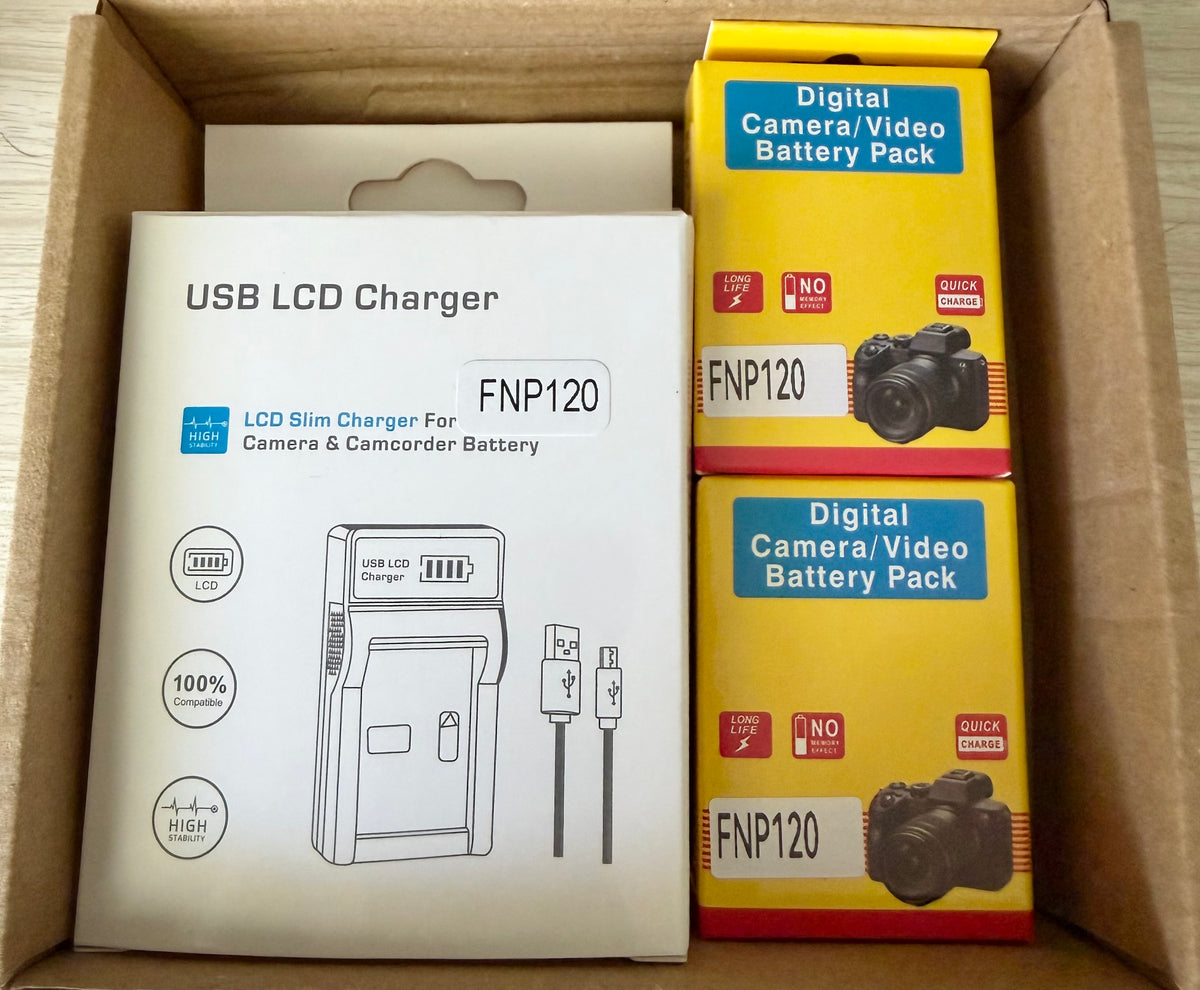 2 Pack, NP-120 Battery and Charger Kit, Replacement for Fujifilm NP-120 NP-120B FNP120, Compatible with Toshiba PX1657 Pentax D-LI7 Ricoh DB-43 Contax BP-1500S