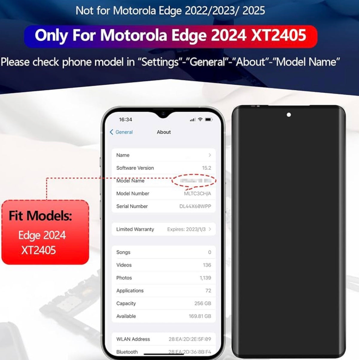 OLED Screen for Motorola Moto Edge 2024 Screen Replacement for Motorola Edge 2024 XT2405 LCD Display Touch Screen Digitizer Assembly with Tools