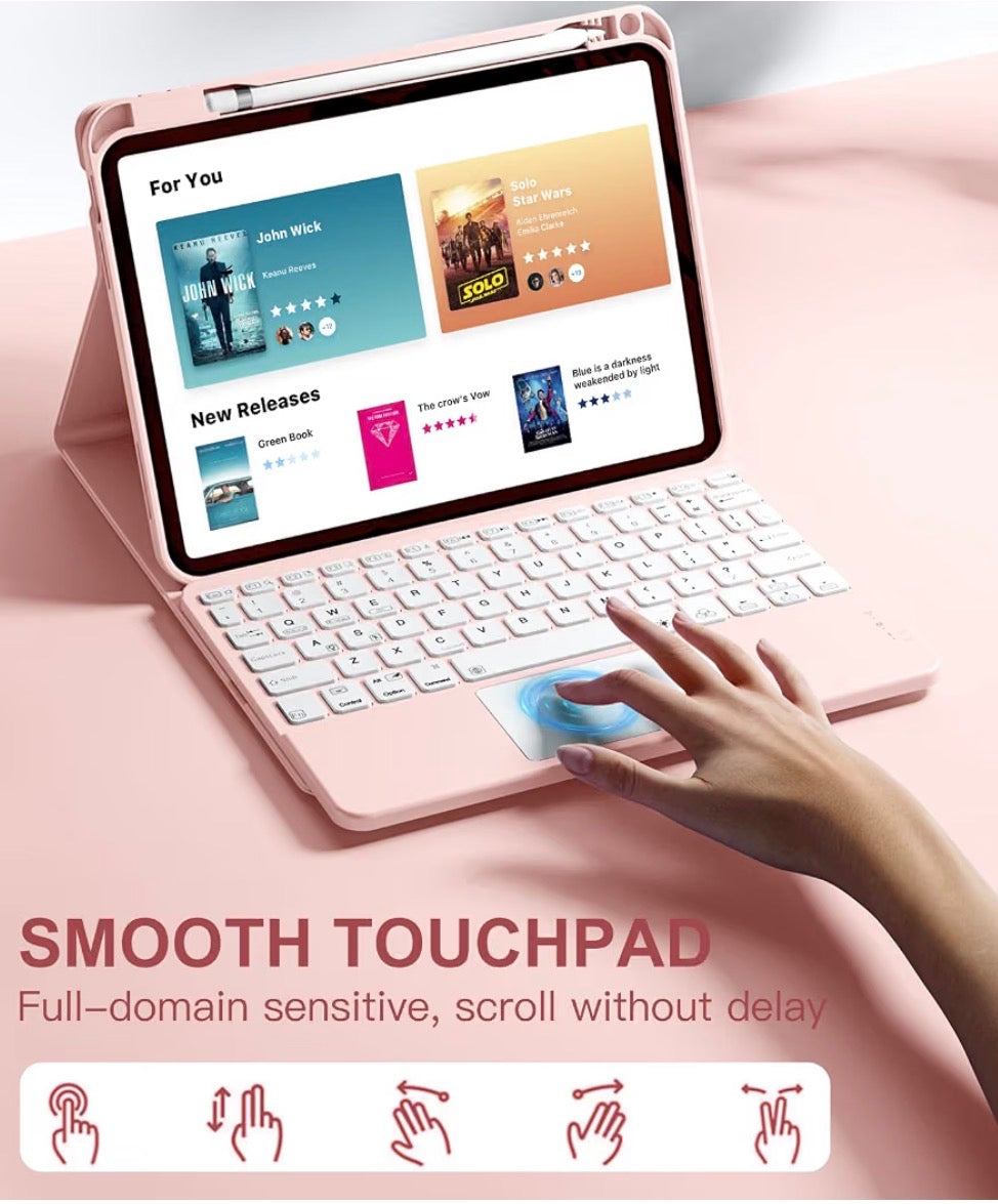 Multi-Touch Trackpad, 7 Colors Backlit, Detachable Keyboard for iPad A16 11 inch/10th Gen with Pencil Holder, Light Pink