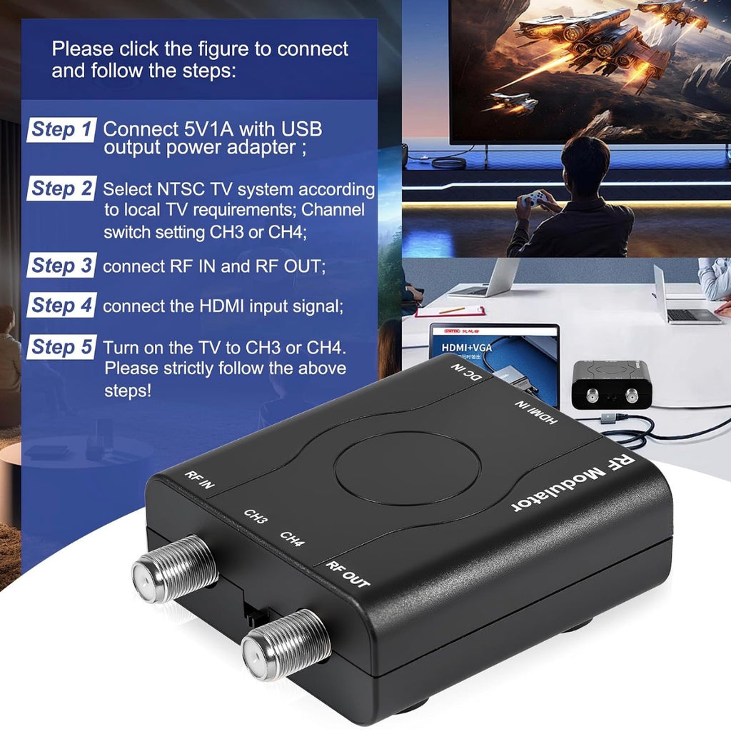 HDMI to RF Modulator, HDM61 VHF HDMI to RF Converter Adapter for TV NTSC Format Output, 1080P PLL Control for Home TV Game Console