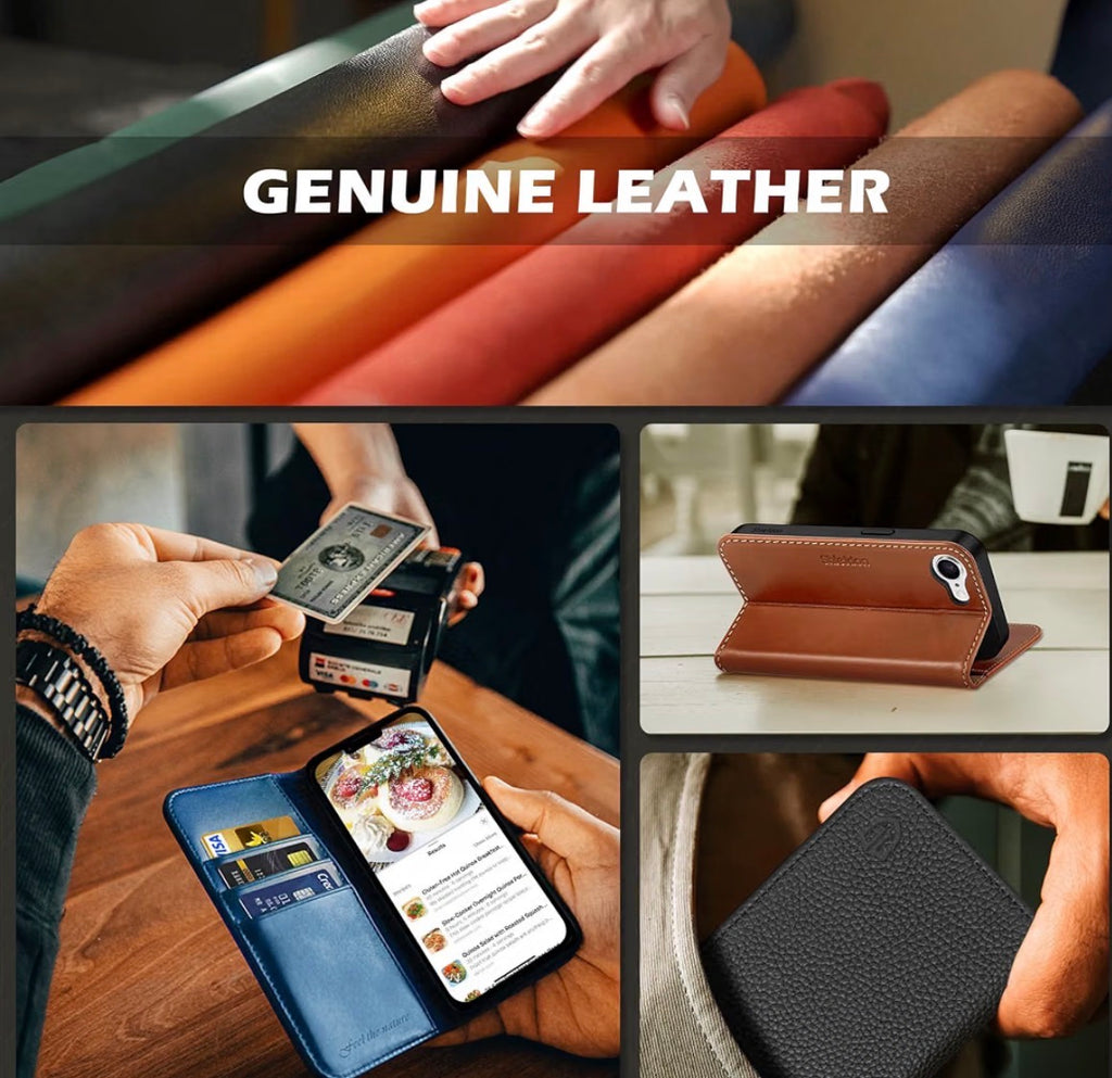 Genuine Leather Case Wallet for iPhone 17e/16e, Retro Light Brown, Flip Magnetic Cover, RFID Blocking, Credit Card Holder, Kickstand, Book Design, Shock-Absorbent Phone Cover