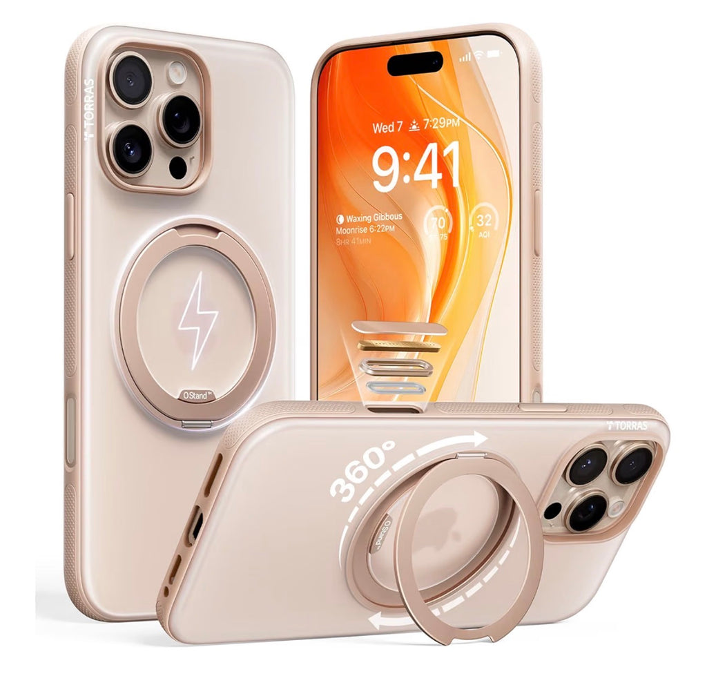 TORRAS for iPhone 16 Pro Case, 360 Magnetic Stand, O3 Fitness Series [Fit for MagSafe] [360° Rotating Kickstand] 4X Mil-Grade Shockproof, Camera Button, Slim, Translucent Desert Titanium 6.3"