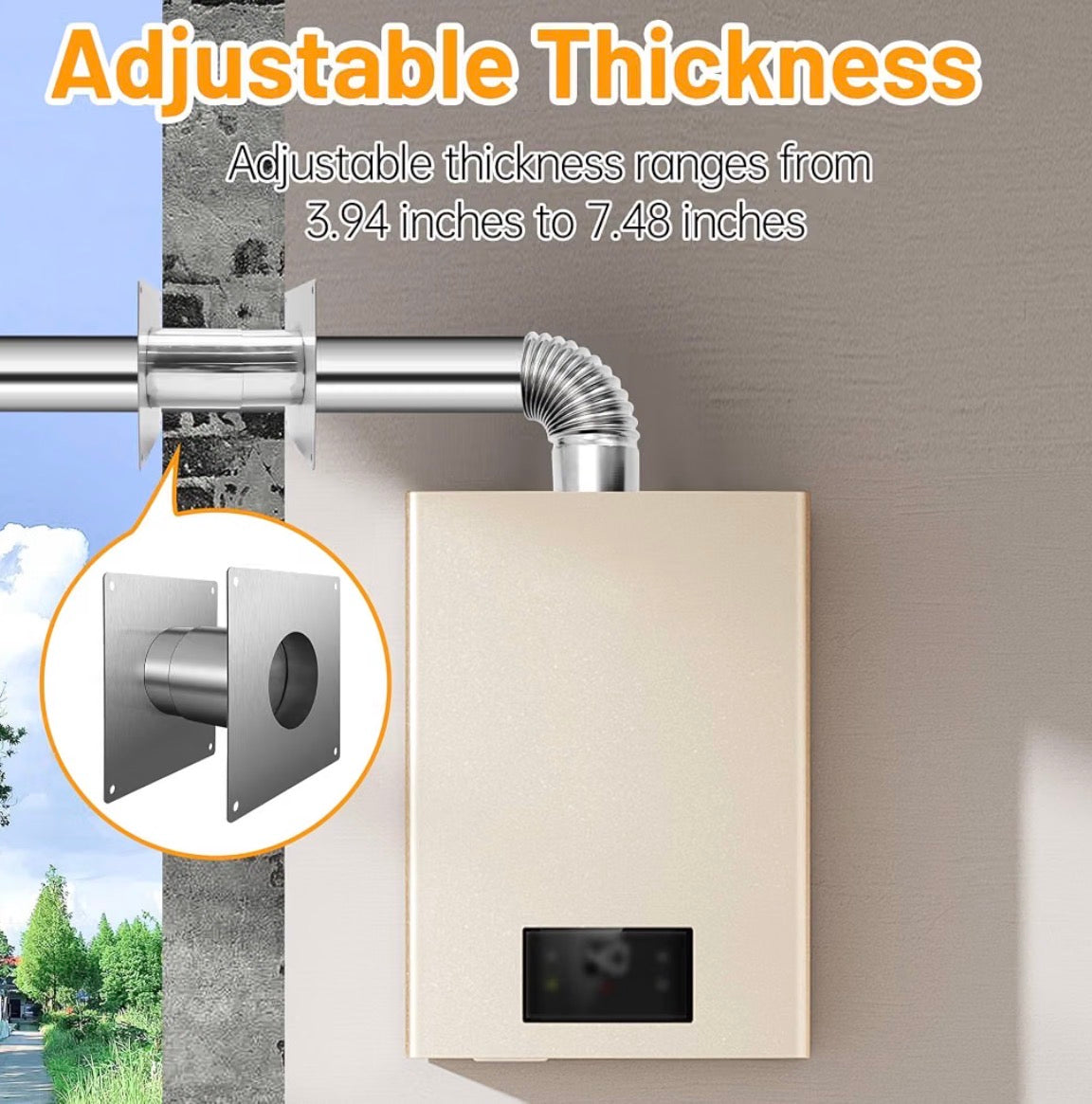 3.15" Stainless Steel Vent Wall Thimble, Extendable Length from 3.94" to 7.48" for Indoor Gas Tankless Water Heaters