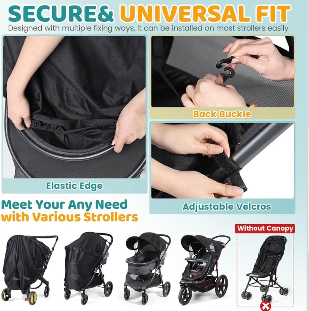 Stroller Sun Shade Cover - Universal Fit Sun Protection, Black, Removable Stroller Shade Extender with Zipper, Breathable & Stable, Block UV, All-around Protection for Summer