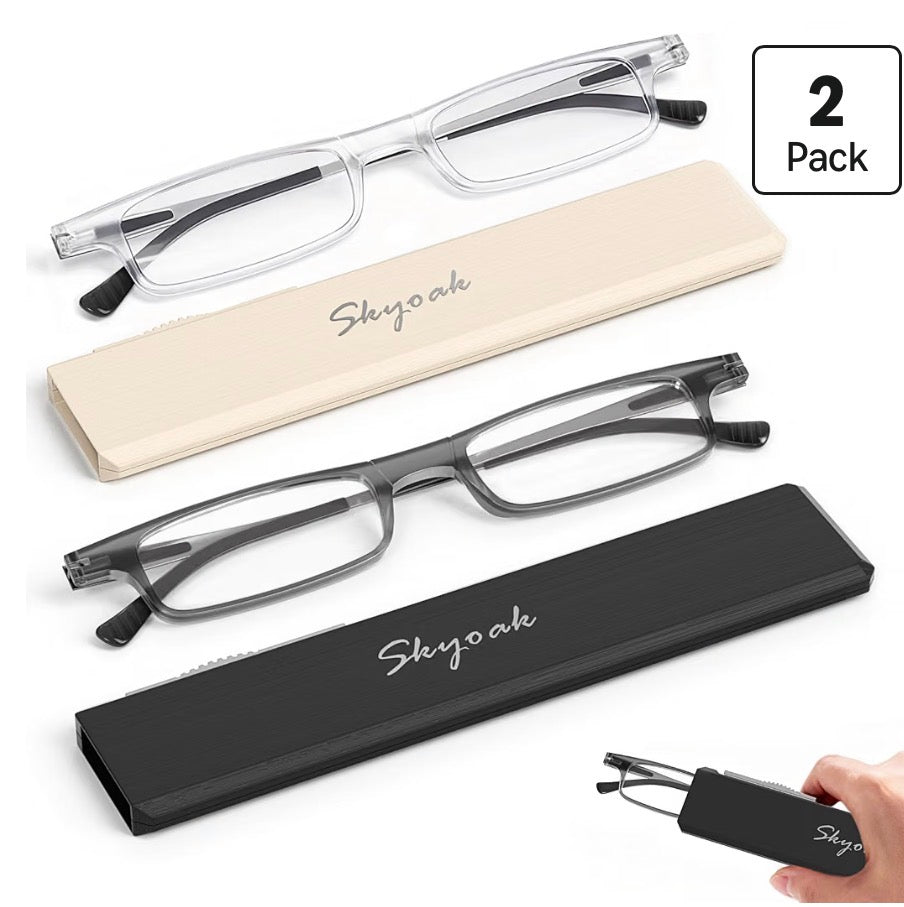 2 Pack Ultra Thin Lightweight Folding Reading Glasses for Women, TR90 Compact Anti Blue Light/Eyestrain Computer Readers, Foldable Unique Stretchable Slim Flat Case, Gunmetal and Clear +2.5