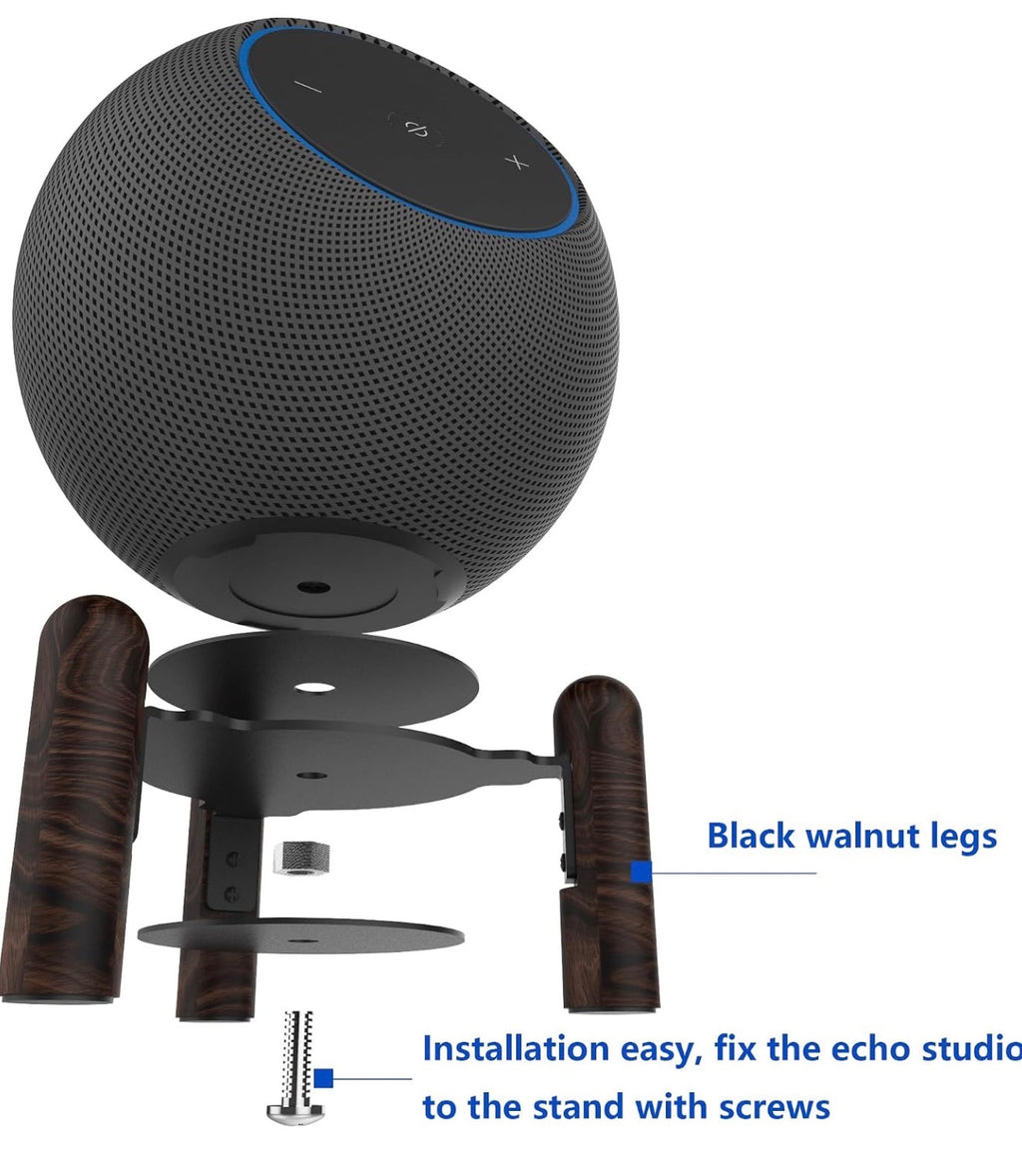 Desk stand for 2025 new Echo studio, Wood & Metal stand - Improve sound quality and hide the power cord (Black Walnut)