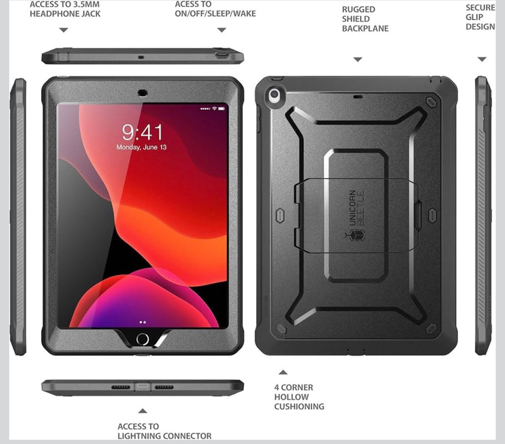 SUPCASE for iPad 9th/8th/7th Gen Case 10.2 inch 2021/2020/2019, Black
Built-in Screen Protector, Built-in Stand, Charge Port Cover, Military-Grade Drop Protection, Anti-Slip, Unicorn Beetle Pro