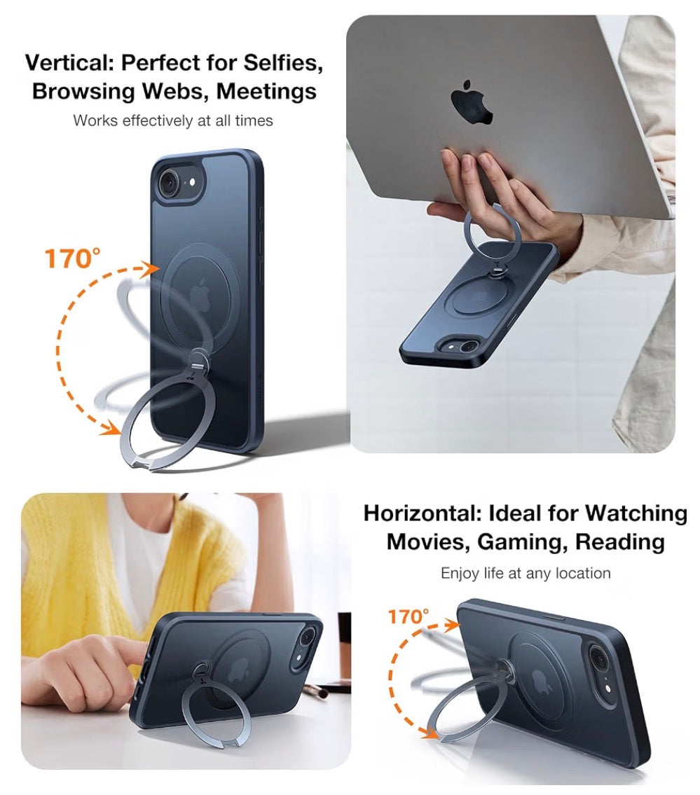 360 Spin for iPhone 17e Case & iPhone 16e case with Stand, Fit for MagSafe, 4X Military-Grade Protective, Stand Phone Case for iPhone 17e Case, Ring Holder Slim Cover, Matte Black 6.1''