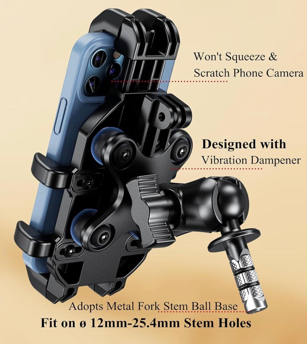 Motorcycle Fork Stem Phone Mount with Vibration Dampener, Heavy Duty Cellphone Holder Fit Stem Tubes 12mm-25.4mm in Diameter, Adjustable for 5.4 - 6.9'' Smartphone