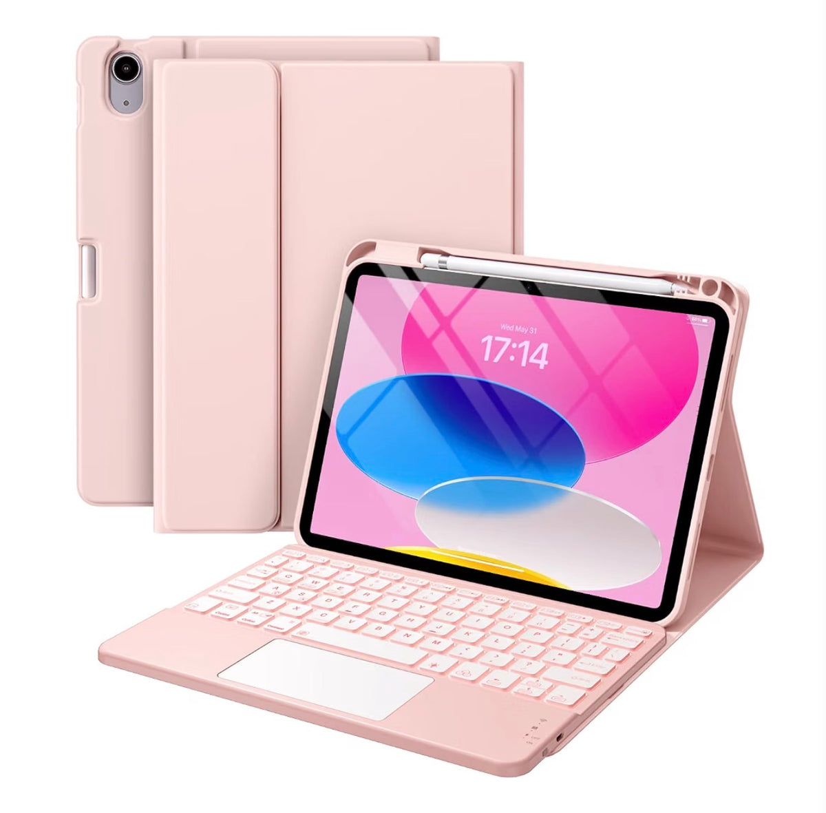 Multi-Touch Trackpad, 7 Colors Backlit, Detachable Keyboard for iPad A16 11 inch/10th Gen with Pencil Holder, Light Pink