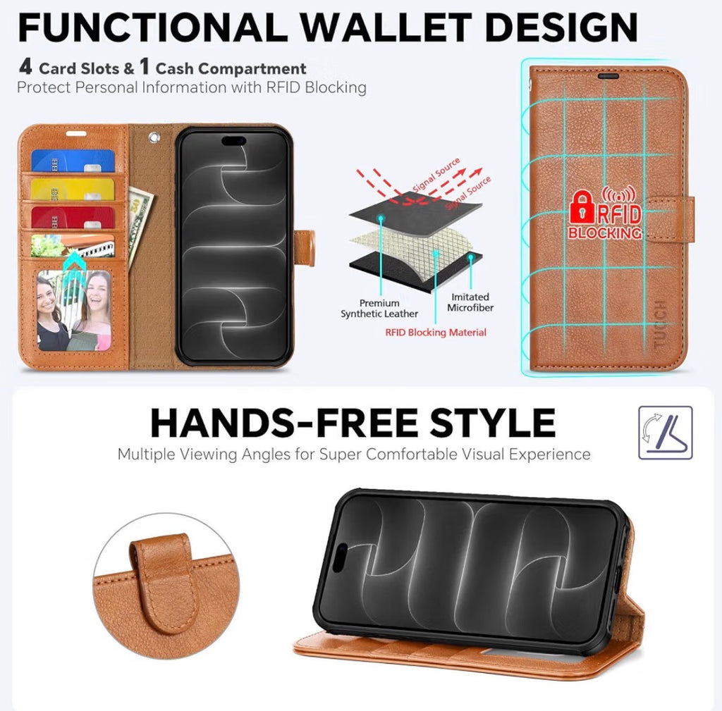 Detachable Wallet Case for iPhone 18 Pro/17 Pro (6.3"), Light Brown, 4 Card Holders, RFID Blocking, Wireless Charging, Kickstand, Wrist Strap, Shockproof TPU, PU Leather, Magnetic, Folio Cover