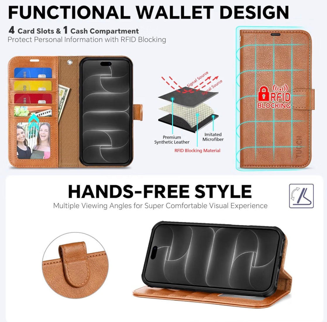 Detachable Wallet Case for iPhone 18 Pro/17 Pro (6.3"), Light Brown, 4 Card Holders, RFID Blocking, Wireless Charging, Kickstand, Wrist Strap, Shockproof TPU, PU Leather, Magnetic, Folio Cover