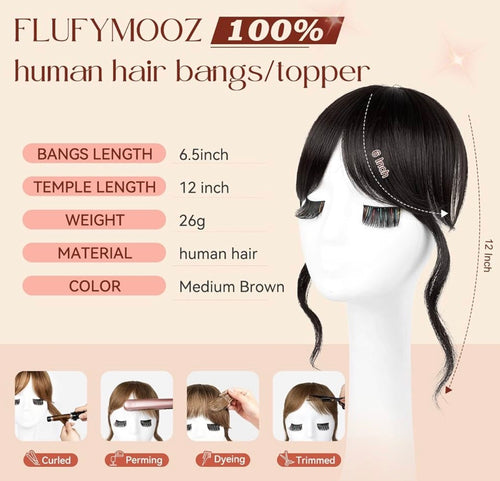 100% Human Hair Clip In Bangs, 360°Real Human Hair Toppers for Women Natural Fringe Extensions with Invisible Clips-Medium Brown