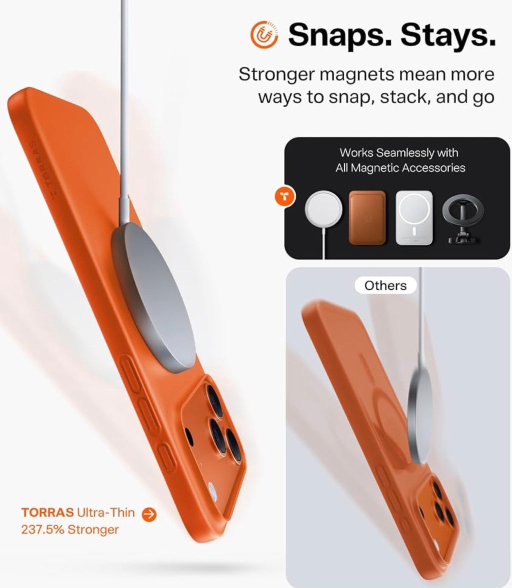 TORRAS Magnetic Slim Fit for iPhone 17 Pro Case Thin, Glossy Orange, Fit for MagSafe, Matte Hard Bayer PC Material, 6.3 in OriginFit, Anti-scratch, Ultra Slim Lightweight Protective Hard Cover