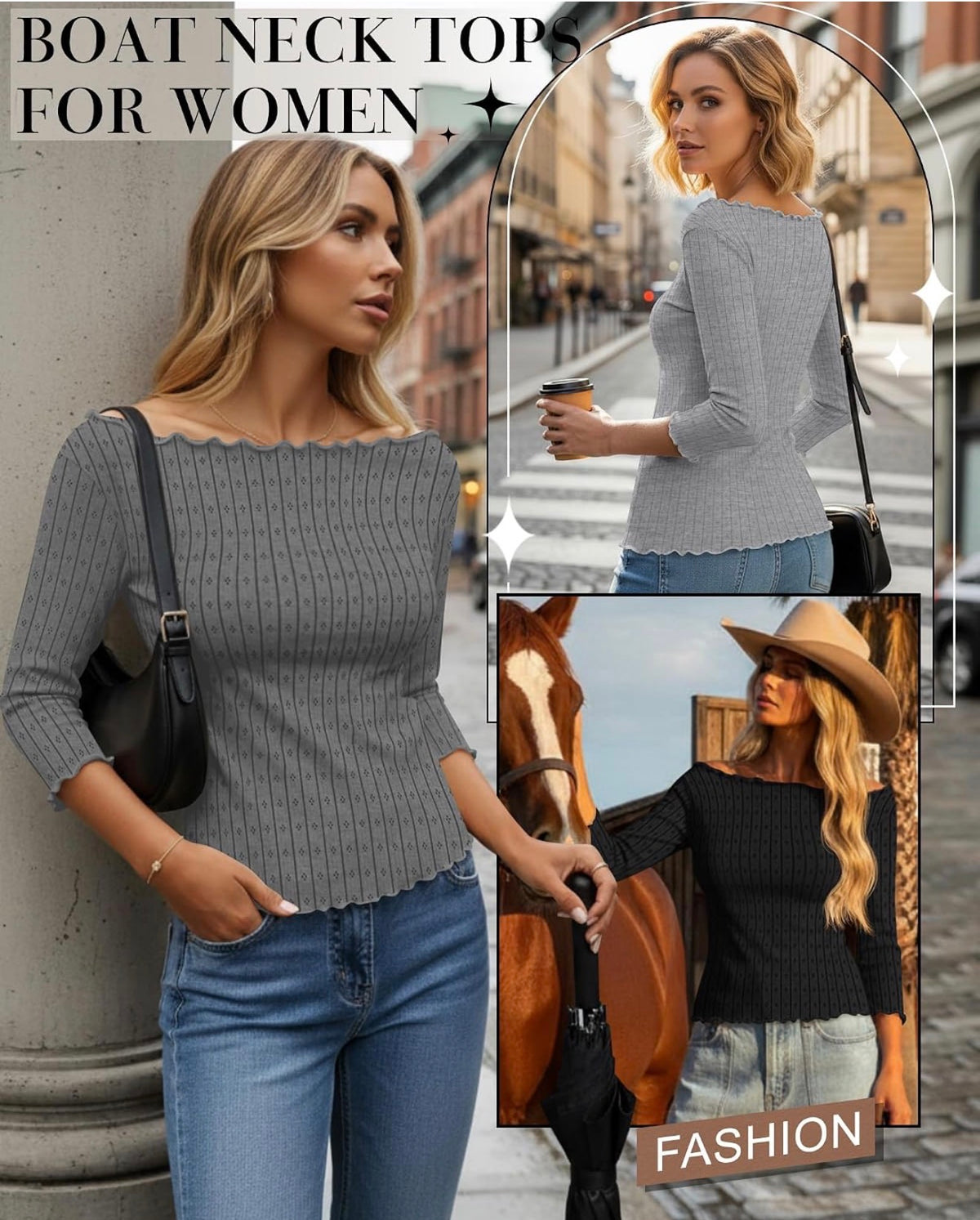 3 Pack Women's 3/4 Sleeve Tops, Boat Neck, Lettuce Trim, Jacquard Shirts, Slim Fit, Casual, Layering, Basic Tees, Three Quarter Length, Fitted - Size XXL