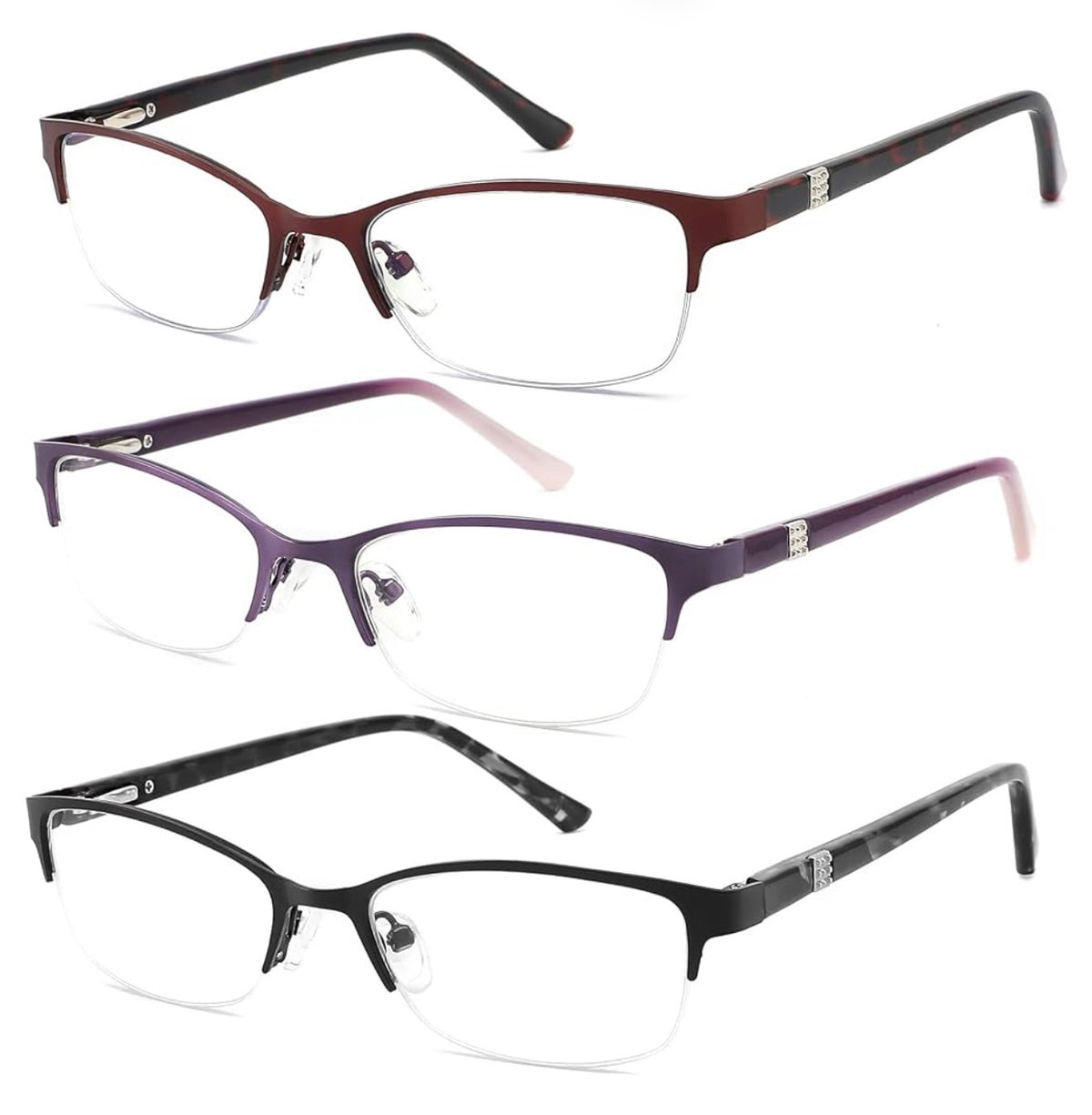 3 Pack Reading Glasses for Women Blue Light Metal Half Frame 1.00, Blue Light Blocking,Reduce Eye Strain,Anti Glare,Reduce Headache,Spring Hinge,Oval Half Frame