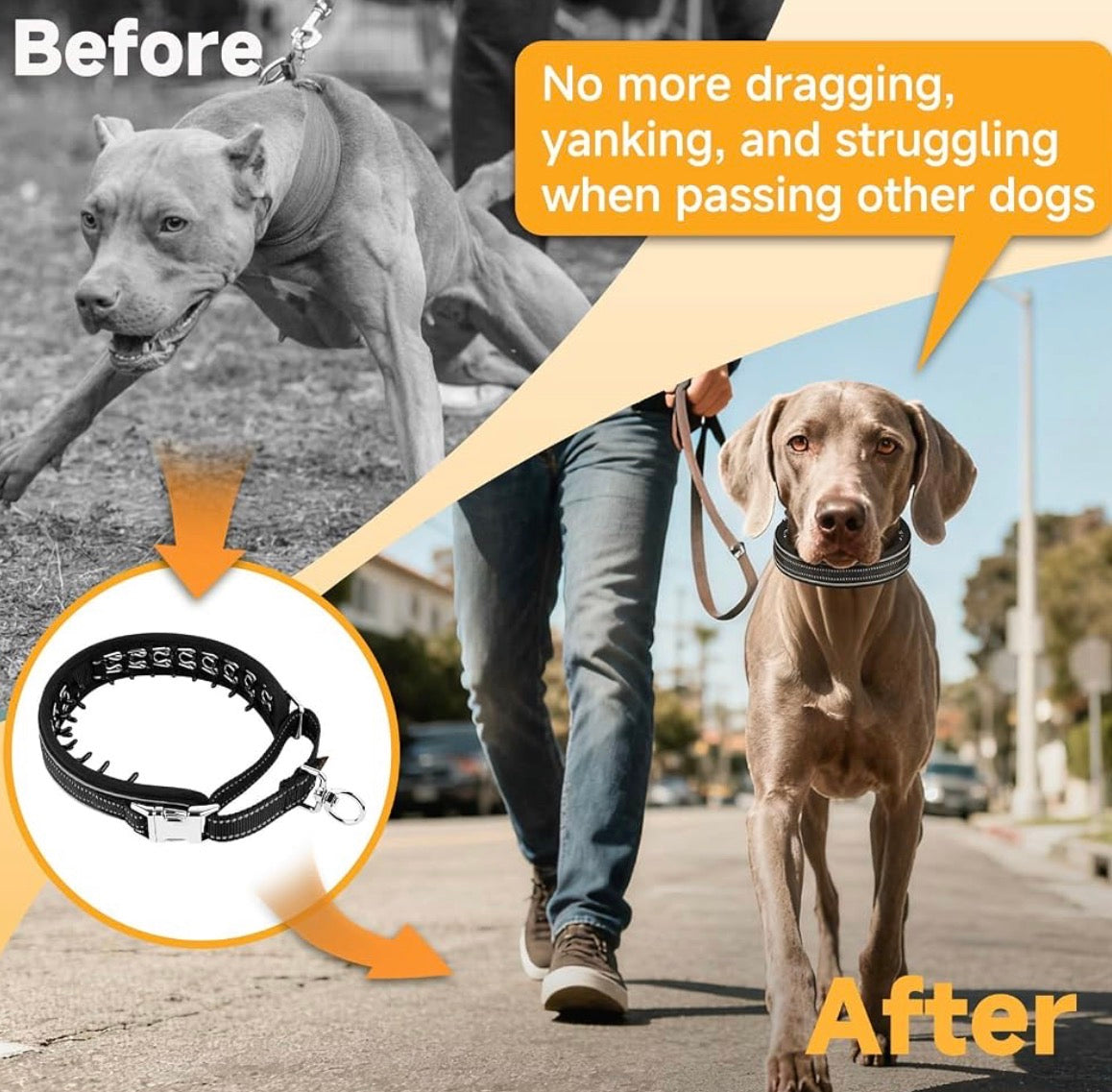 Prong Collar for Dogs, Pinch Collar with Metal Buckle | Black, XL, No Pull Collar for Large Breed Dogs German Shepherd, Boxer, Rottweiler, For Walking & Training, Reflective, 360° Swivel Ring
