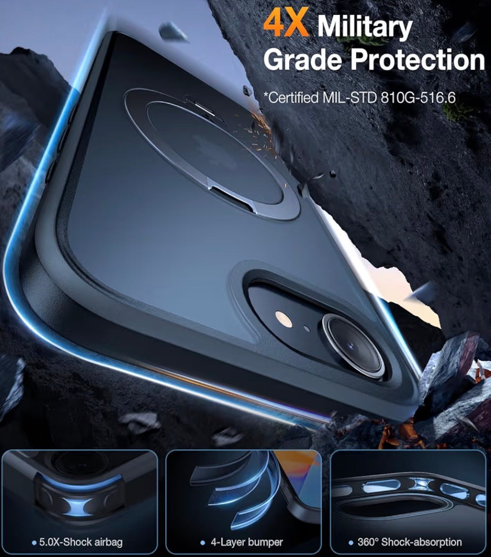 360 Spin for iPhone 17e Case & iPhone 16e case with Stand, Fit for MagSafe, 4X Military-Grade Protective, Stand Phone Case for iPhone 17e Case, Ring Holder Slim Cover, Matte Black 6.1''