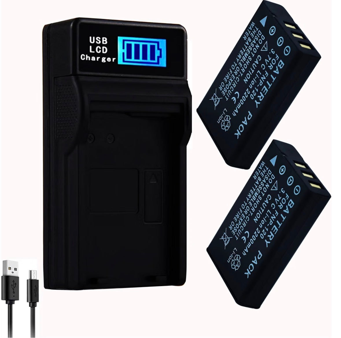 2 Pack, NP-120 Battery and Charger Kit, Replacement for Fujifilm NP-120 NP-120B FNP120, Compatible with Toshiba PX1657 Pentax D-LI7 Ricoh DB-43 Contax BP-1500S