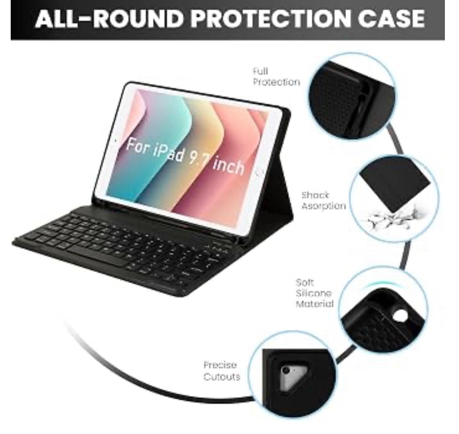 Keyboard Case for iPad 9.7 inch 2018 (6th Gen)/ 2017 (5th Gen)/2016 iPad Pro/Air 2/1, Thin - Detachable - Wireless Keyboard Cover with Pencil Holder for iPad 9.7 inch, Auto Sleep/Wake, Black
