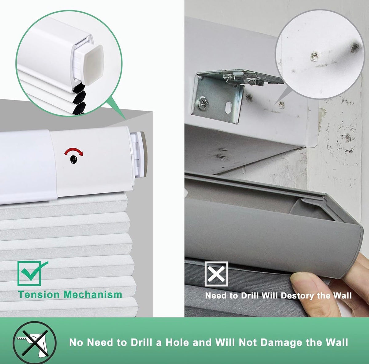 No Drill Cellular Shades for Indoor Windows, Thermal Insulating & Noise Reducing Honeycomb Blinds, Free Stop Cordless Blackout Shades, White,48" W x 64" H
