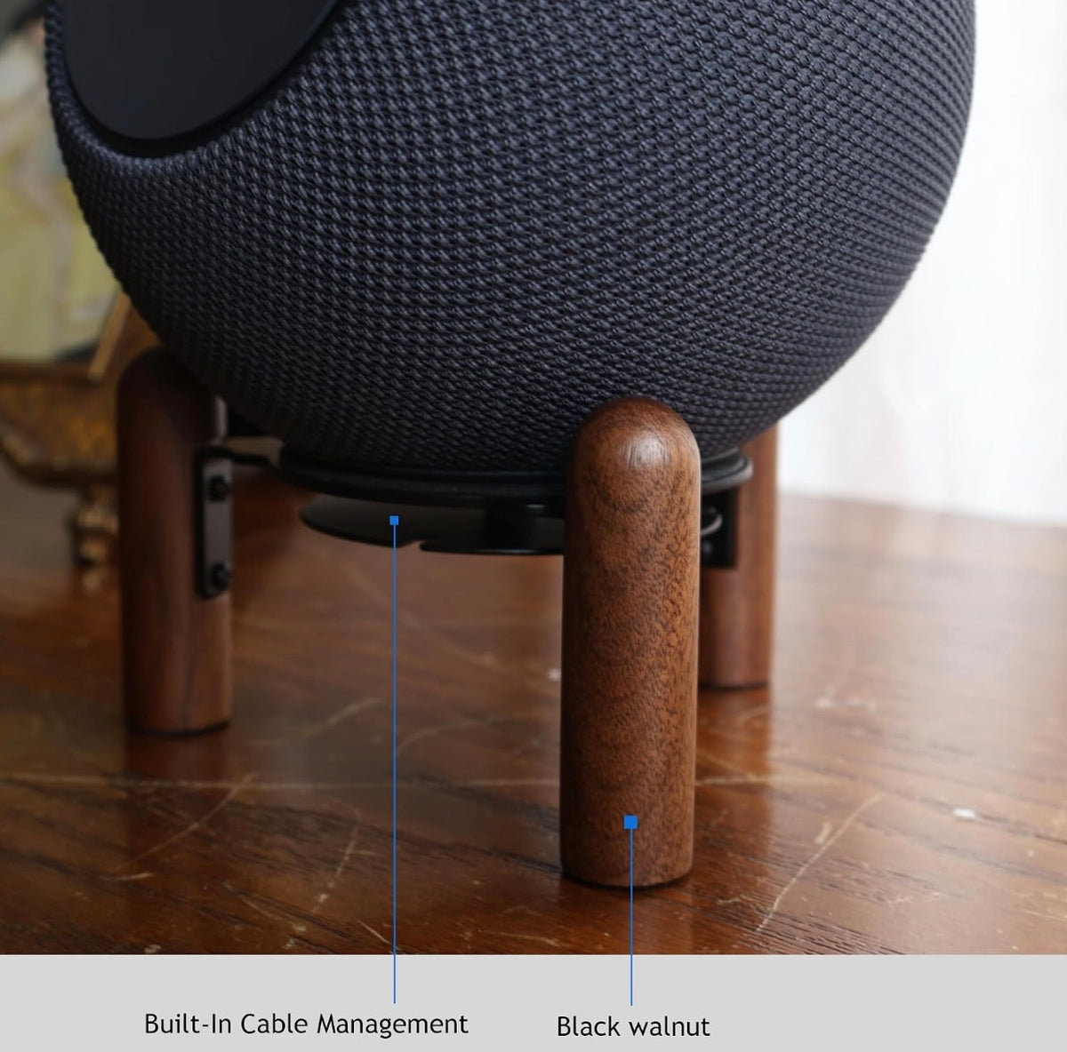 Desk stand for 2025 new Echo studio, Wood & Metal stand - Improve sound quality and hide the power cord (Black Walnut)