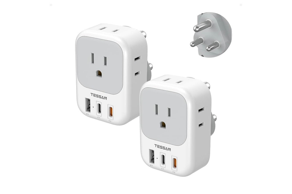 South Africa Type M Plug Adapter, 2 Pack
4 Outlets, 3 USB (2 USB-C), For US to Namibia Botswana Nepal Mozambique Sri Lanka Eswatini Lesotho