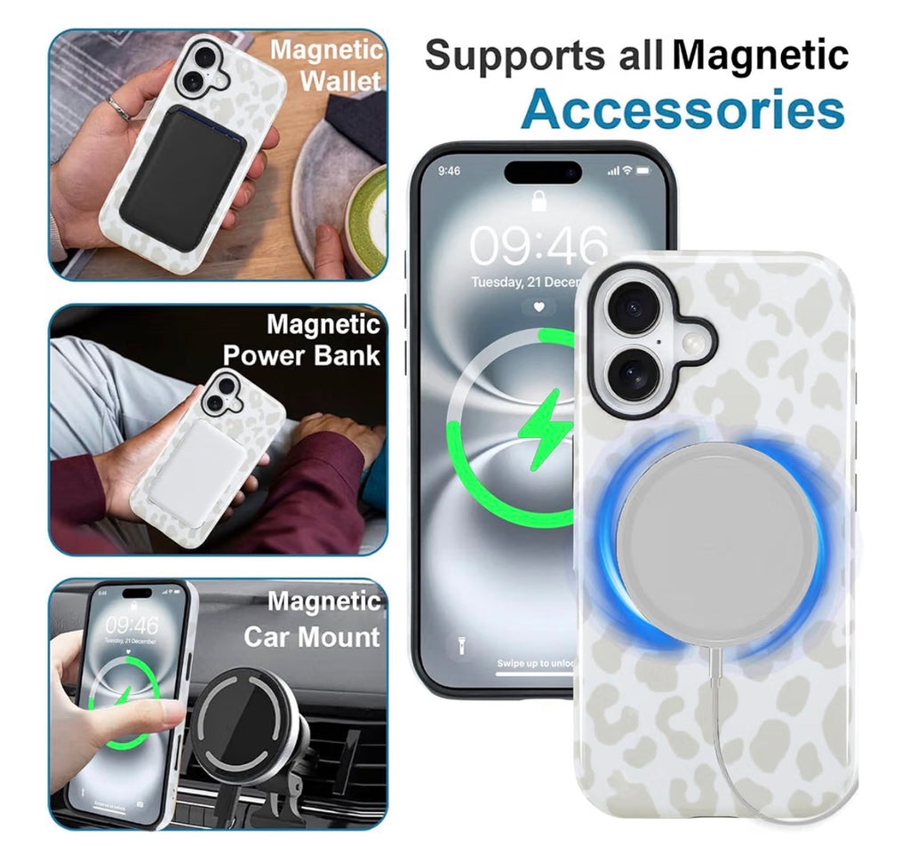 Magnetic for iPhone 17 Case, White Leopard Cheetah Pattern [Compatible with Magsafe Charging] 2 in 1 Matte Shockproof Protection Hard Phone Cover for Women Men