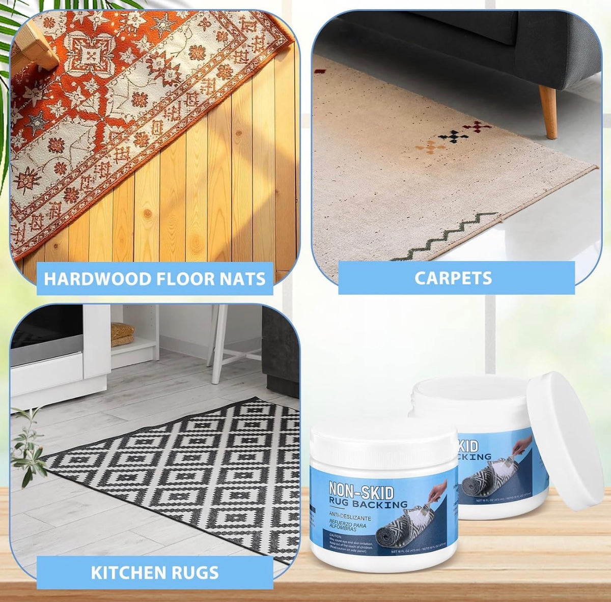 Demissle 2 Pack 32 oz Non-Skid Rug Backing Natural Rubber Coating Machine Washable, Non‑stain Surface, Enhances Rug Durability, Safety Area Grippers, for Hardwood Floor Mat Runners Carpets