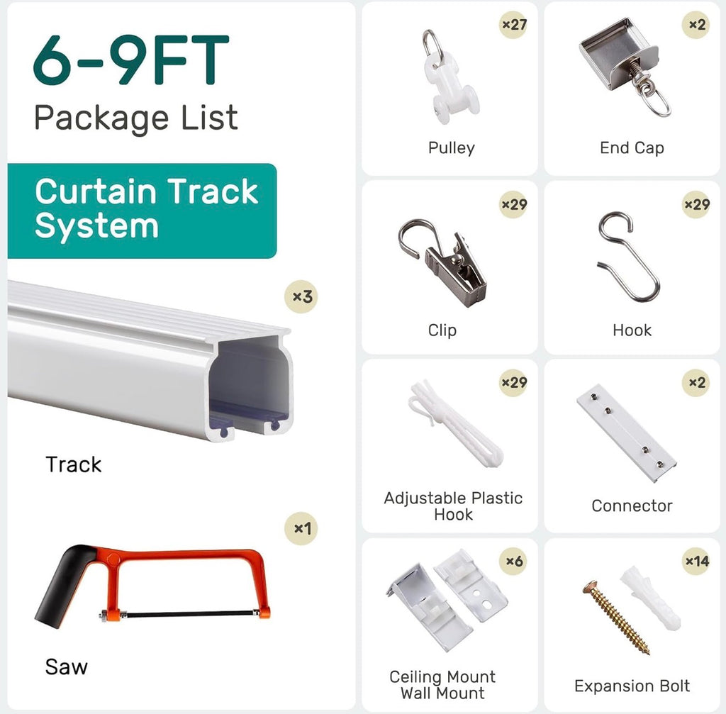 Silent Ceiling Curtain Track with Wall Mount, 6ft-9ft, White, Curtain Track System for Room Divider, Curtain Rail with Three Types of Hooks, Easy Install, 6 to 9 Feet