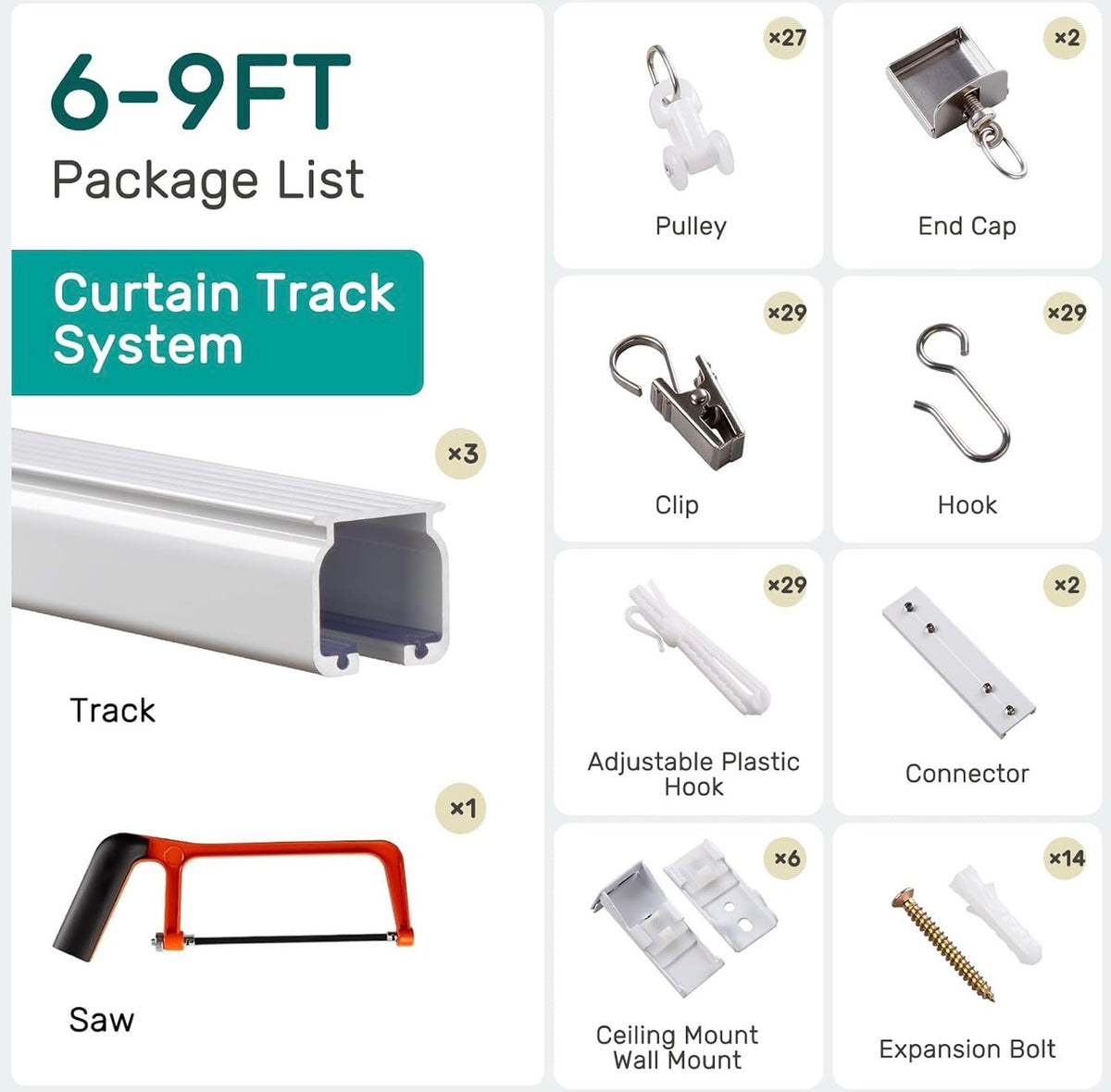 Silent Ceiling Curtain Track with Wall Mount, 6ft-9ft, White, Curtain Track System for Room Divider, Curtain Rail with Three Types of Hooks, Easy Install, 6 to 9 Feet