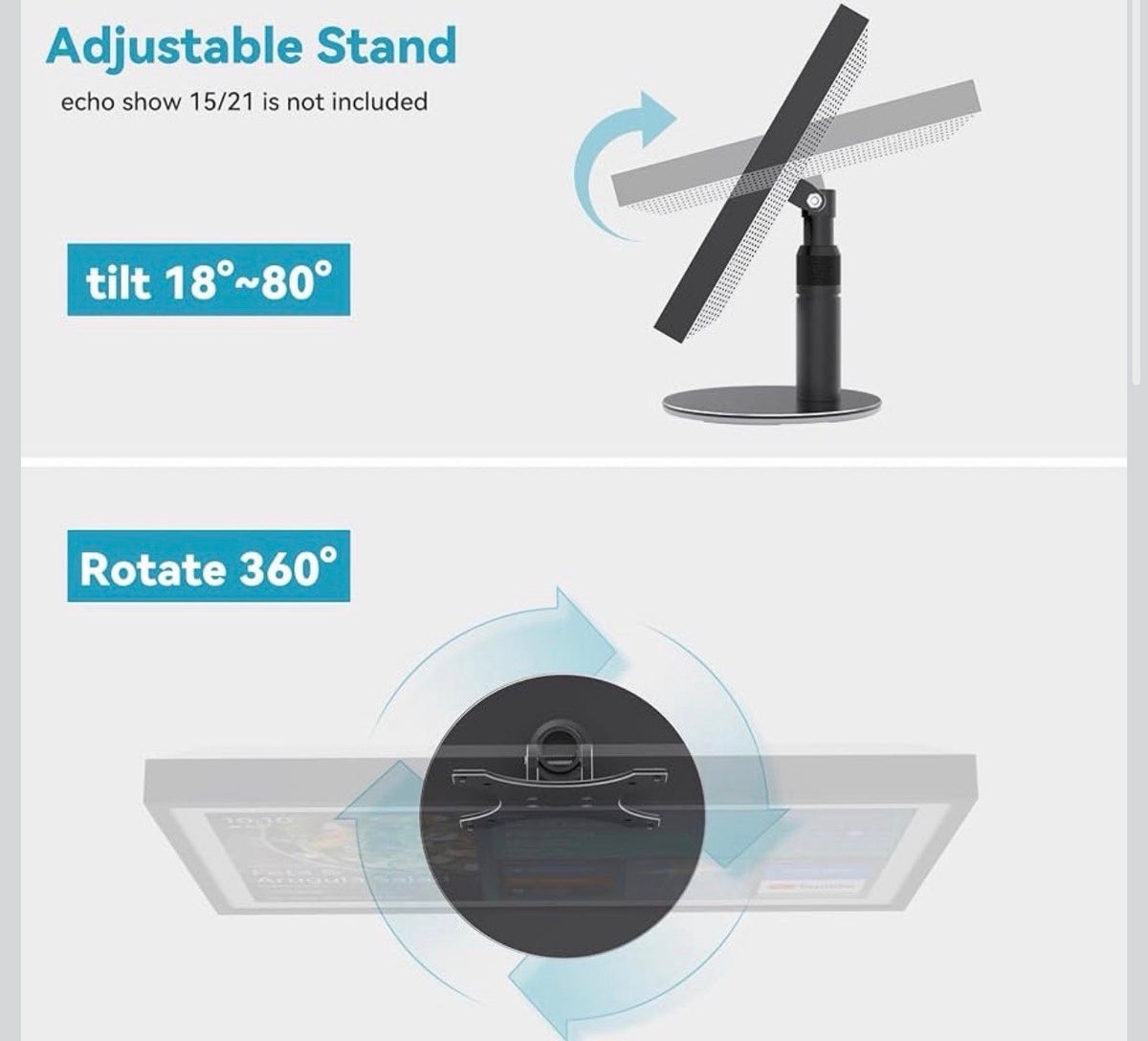 Metal Stand for Echo Show 21 & Show 15, 21cm Lift, Swivel & Tilt
Aluminum Alloy, 360° Swivel, 90° Tilt, Kitchen Used, Rotatable Stand, Space-Saving, Echo 21 Stand, Desktop Base for Echo 15 - Silver