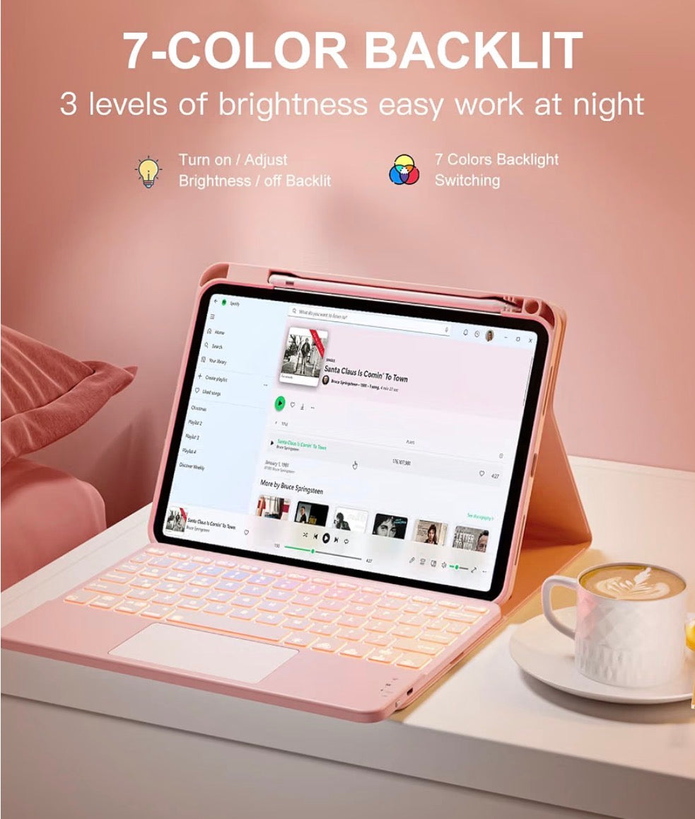 Multi-Touch Trackpad, 7 Colors Backlit, Detachable Keyboard for iPad A16 11 inch/10th Gen with Pencil Holder, Light Pink